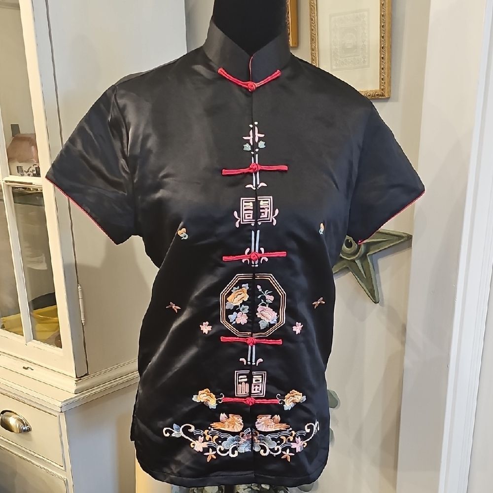SHENG TANGKUYI Vintage Women's M Embroidered Satin Cheongsam Asian Jacket